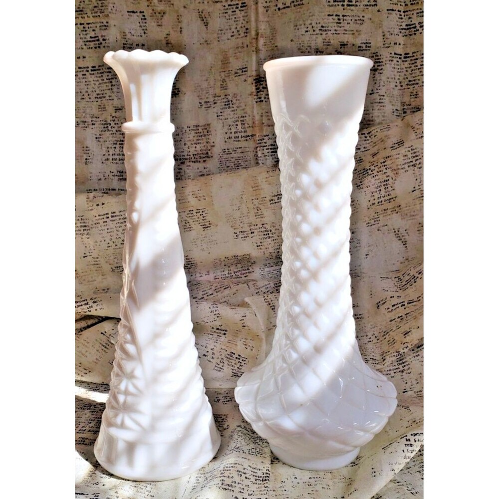 2 White Milk Glass Vases - Anchor Hocking Stars & Bars Pattern & Randall Diamond